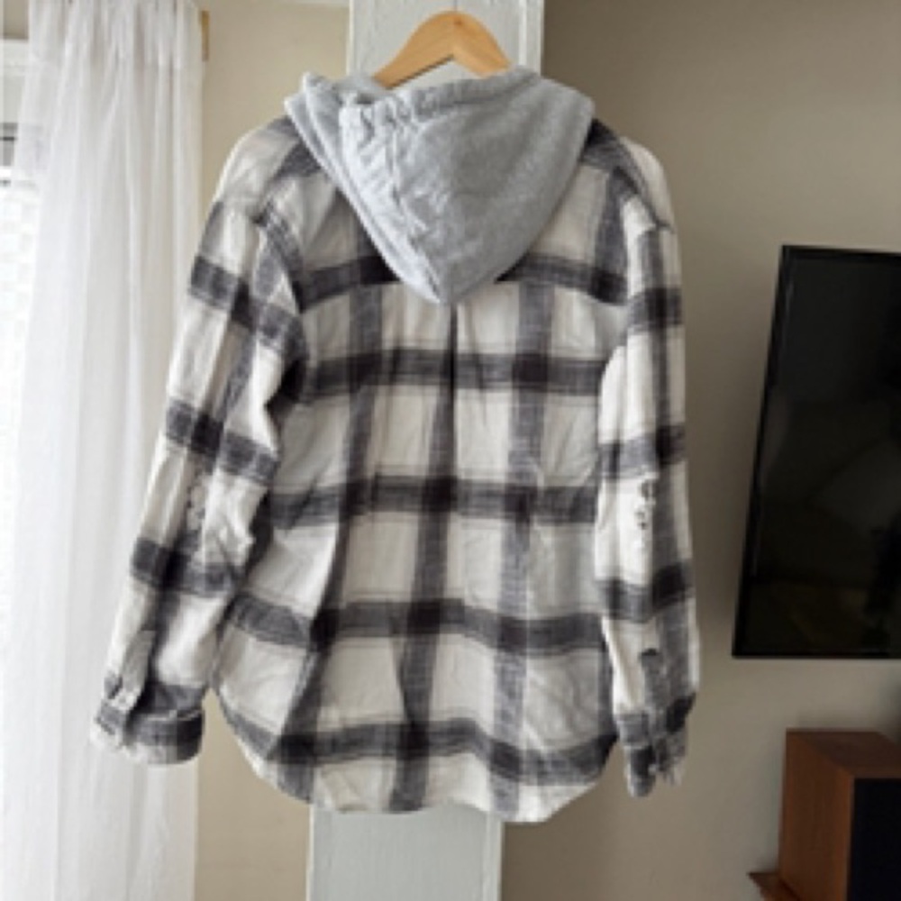 Plaid Hooded Button-Front Shirt Jacket - White & Black - Picture 2 of 4
